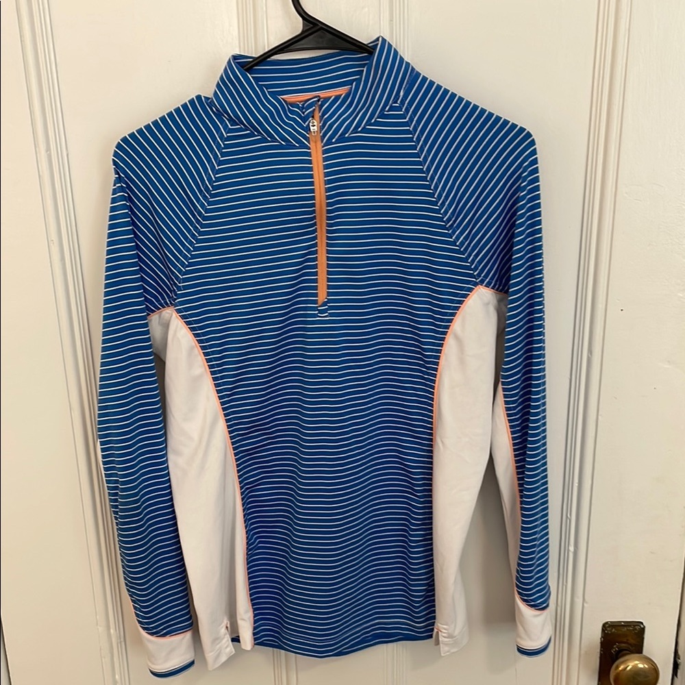Peter Millar Blue and White Striped Quarter-Zip Pullover